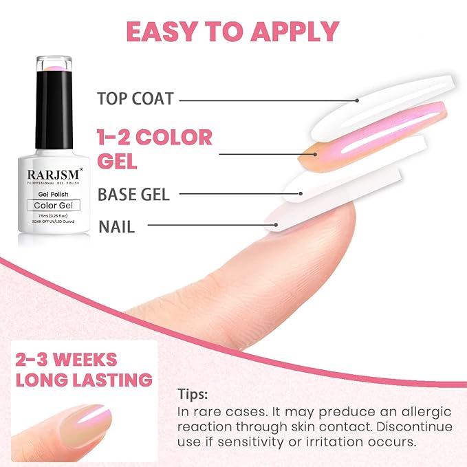 RARJSM Pearl Gel Nail Polish Pink Purple Pearlescent Shell Glitter Orange Pink Shimmer Mermaid Iridescent Nail Gel Polish Soak Off LED UV Curing Requires Swirl Thread Effect DIY Manicure Use 7.5ML