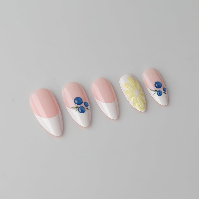 XZMeiLun 3D Blueberry Flowers Press On Nails Almond Medium, 3D Pattern Designer Reusable Acrylic Nails Press Ons, Fake Nails With Glue On, Daily Wear Floral False Nails For Women