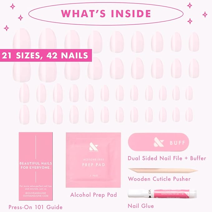 Olive & June Instant Mani Press-On Nails | (Glue) Long, Almond 42 Fake Nails, 21 Sizes | Non-Toxic, Long-Lasting Recycled Materials Realistic Look | Salon-Quality at Home | CCT