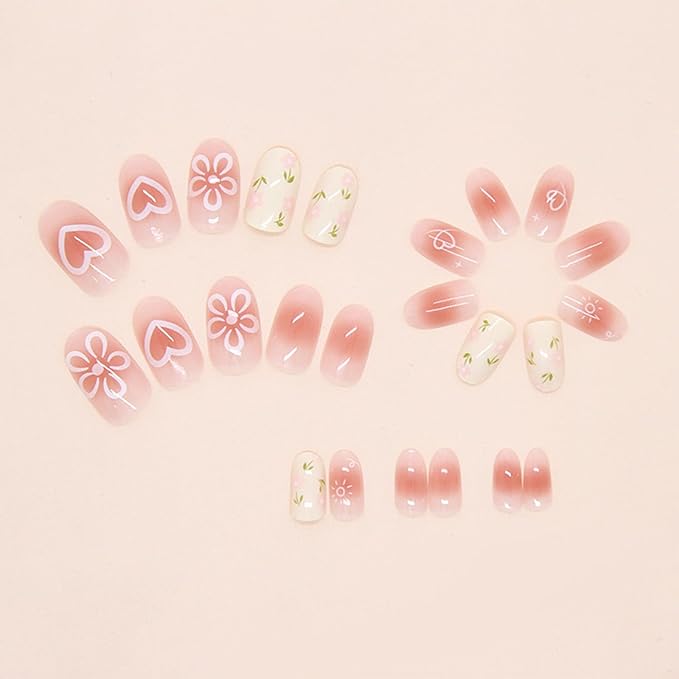 JONKASIPA Floral Press On Nails Square Pink Cute Patch Nails Reusable Adhesive Nails for Women 24 Pcs