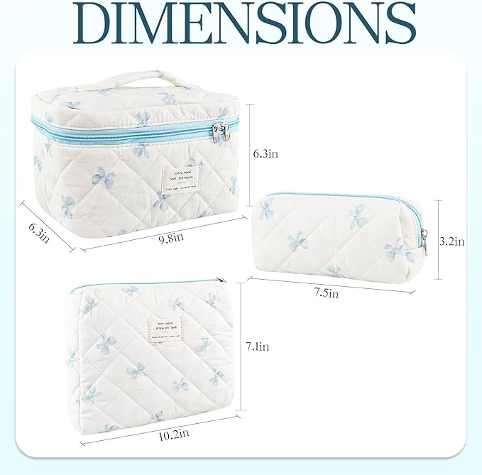 Makeup Bag, 3 PCS Quilted Makeup Bag, Cute Floral Cotton Cosmetic Bag set, Coquette Makeup Pouch Large Travel Toiletry Bag