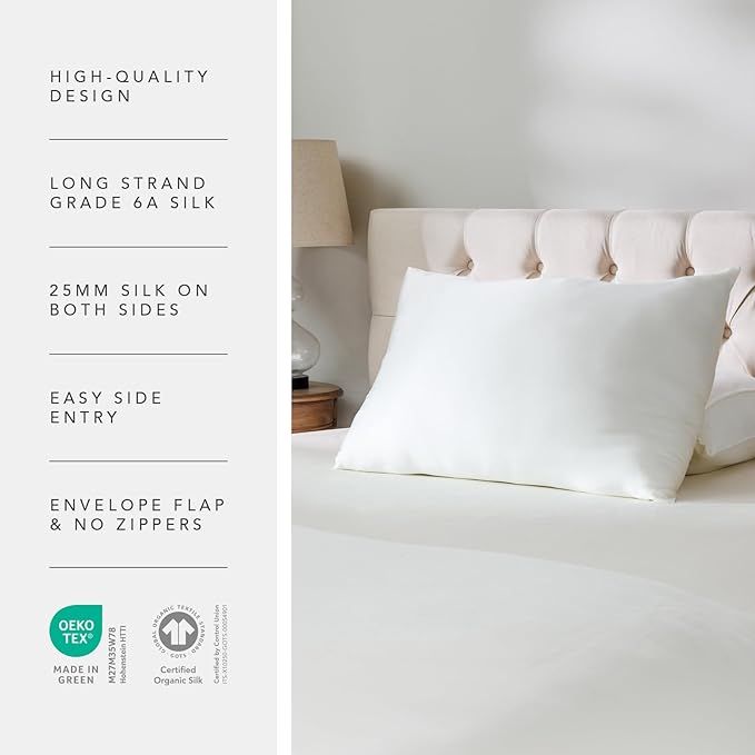 Fishers Finery 25mm 100% Certified Organic Mulberry Silk Pillowcase (Natural Undyed White, Q)