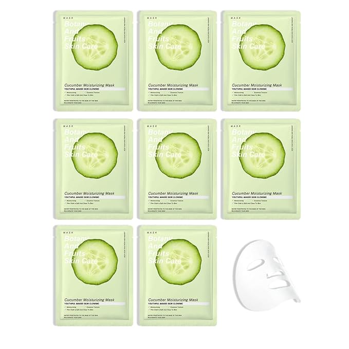 CAKAILA 8 Pack Cucumber Face Sheet Mask Skincare,Hydrating Face Mask For Sensitive Skin,Moisturize,Soothing,Nourish for All Skin Types,Natural Spa Party Facial Mask Skincare Set for Women Men