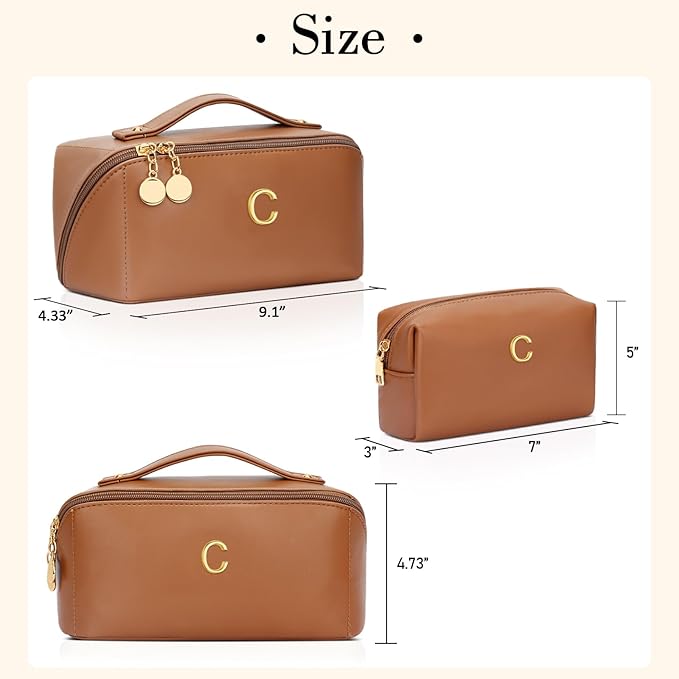 Valentine's Day Gifts for Women Teen Girl, Personalized Initial Makeup Organizer Bag Set, Open Flat Travel Cosmetic Bag With Clear Divider and Handle(Brown,C)