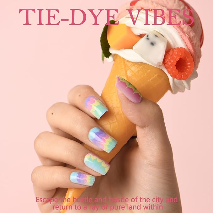 GLAMERMAID Tie Dye Press on Nails Medium Square, Colorful Ombre Light Green Pink Gel False Nals, Natural Light Color Glue on Nails Kit for Women, Reusable Stick on Acrylic Fake Nails Manicure Set