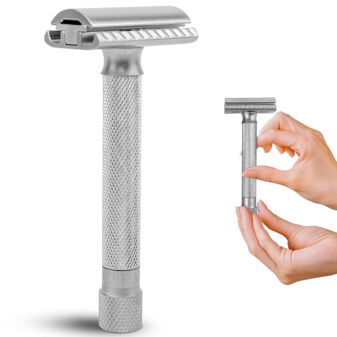 Parker THE VARIANT CLOSED COMB - ADJUSTABLE Double Edge Safety Razor, Customize your Shave with a Turn of the Dial from Mild to Aggressive - 5 Blades Included (SATIN CHROME)