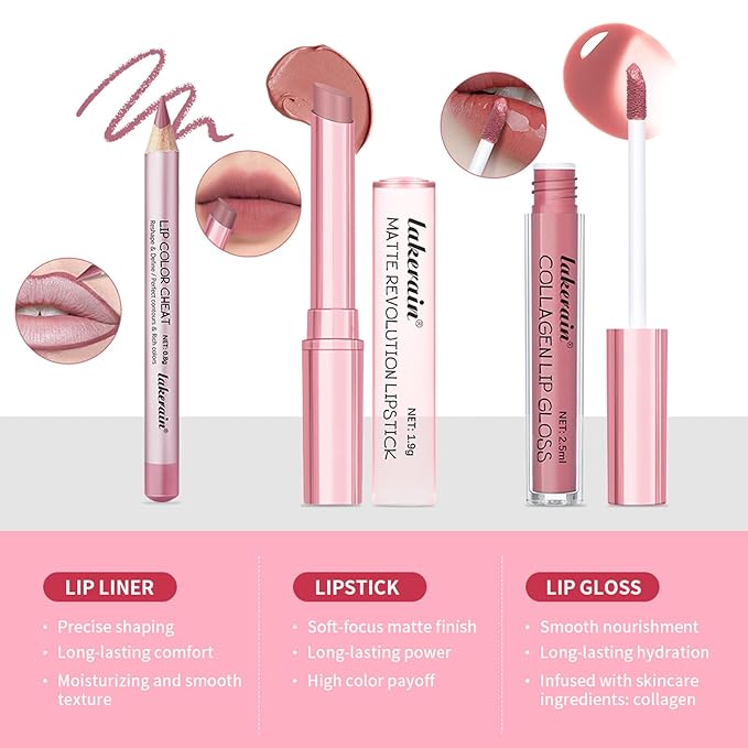 3PCS Lip Liner and Lipstick Combo Set - Matte Lip Liner Pencil, Velvet Matte Lipstick & Hydrating Collagen Lip Gloss - Long-Lasting, Smudge-Proof, High Pigment Nude Pink Lip Makeup Kit (Nude Pink)