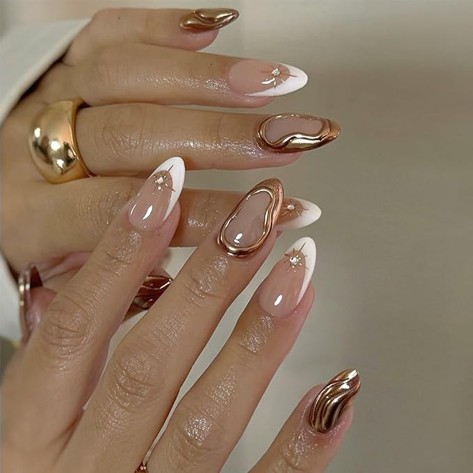 BSBTBZ White French Press on Nails Almond Chrome Gold False Nails with Star Rhinestones Nail Charms Designs Acrylic Nude Full Over Stick on Nails Glossy Artificial Nails for Women Manicure