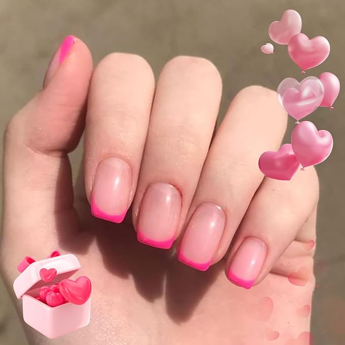 Modelones French Tip Press on Nails Short, Square Valentines Fake Nails, Reusable Nail Kit with Nail Glue Adhesive Tabs Mini Nail File, Nails Press Ons 32Pcs 16Sizes, Women Girl Gift, Hot Pink