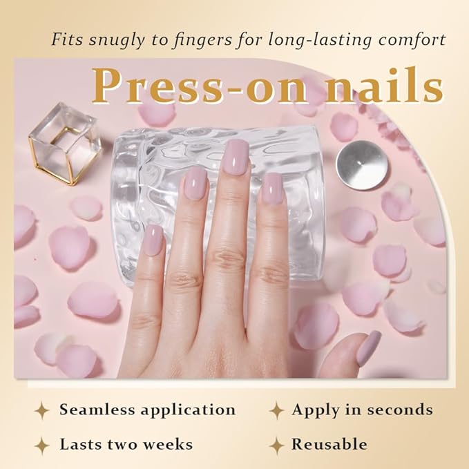 evpct Mauve Pink Glossy Press on Nails Short Square, Glossy Mauve Fake Nails Summer Reusable, Acrylic False Nail Stick on Press ons for Women Gifts, Perfectly Fit False Nail Kit with Kits 30Pcs