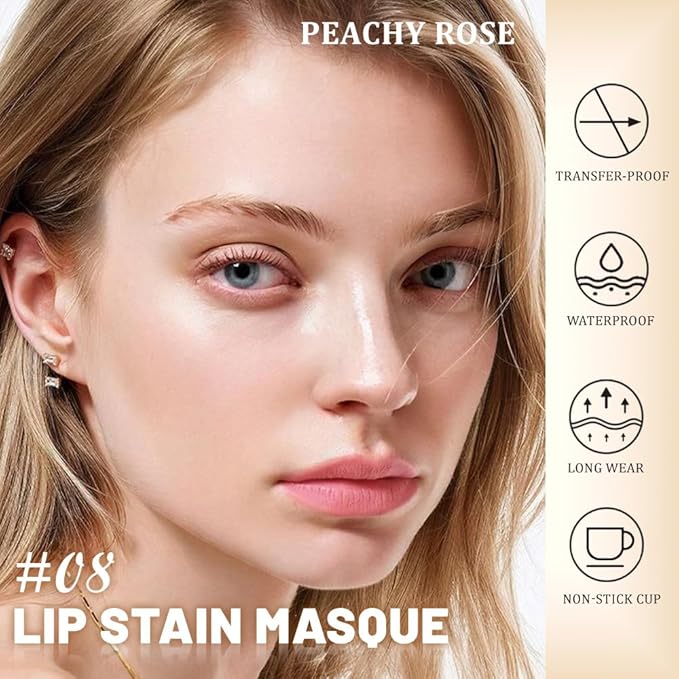 evpct Peachy Rosee Peel Off Lip Stain Tints with Tweezer, Matte Lipstick Lip Stain Long Lasting Waterproof for Women, Non-stick Cup Lipstick Peel Off High Pigmented 24 Hours Original Lips Stains, 08