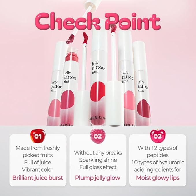 Berrisom Jelly Tattoo Tint, Long Lasting Korean Lip Stain with Jelly Texture, Transfer-Resistant Color, 3.8g / 0.13oz, 4 Shades (Appleberry)