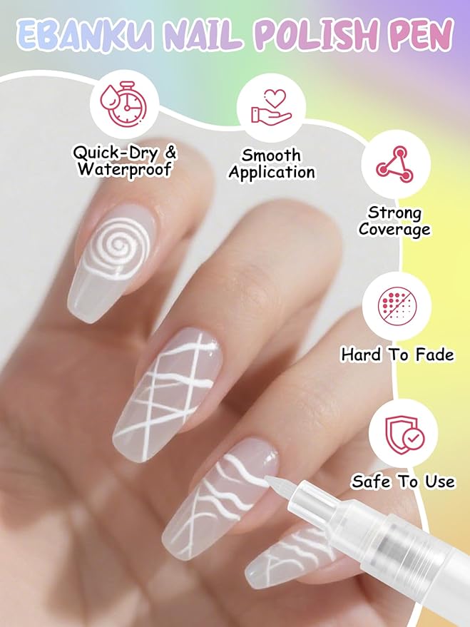 EBANKU Nail Art Pens, 3D 0.7MM Nail Polish Pens Quick-Drying Nail Art Markers Acrylic Paint Pens Nail Point Dotting Liner Pen Tools for Home & Salon Nail DIY（White）