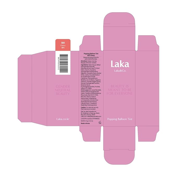 Laka Popping Balloon Lip Stain, 4.5g/0.15oz, Glossy Plumping Lip Tint, Moisturizing, Non-Sticky Texture for All-Day Hydration, Vegan, K-Beauty (#505 Chewy)
