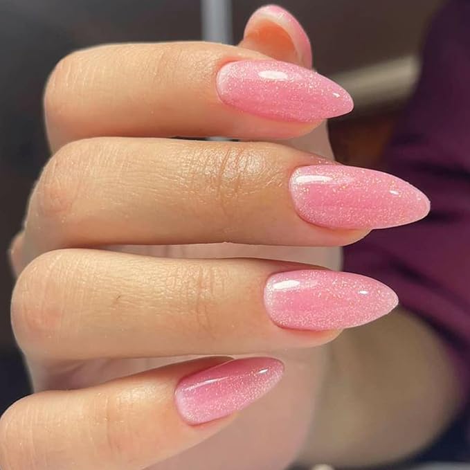 GLAMERMAID Pink Press on Nails Medium Almond, Handmade Glitter Light Pink Neutral Jelly Sofy Gel Glue on Nail Stiletto, Glossy Fake Nails Short Oval，Reusable Acrylic Stick on False Nail Kits for Women