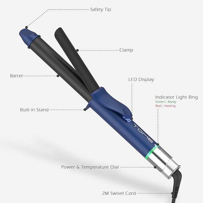 1 Inch Curling Iron with Clamp, 6-Level Dial Temp Control 180–450℉, Tourmaline Ceramic, Fast PTC Heating, 100–240V Dual Voltage Long Barrel Curler