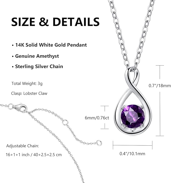FANCIME 14K Solid Gold Birthstone Pendant with Sterling Silver Chain Infinity Gemstone Necklace Fine Jewelry Anniversary Birthday Christmas Gifts for Women Wife Her