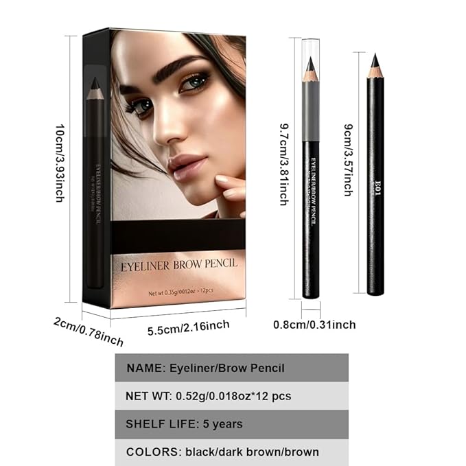 Eyebrow Pencils for Women, 12Pcs Hard-Core Wooden Eye Brow Eye Liner Pencils for Beginner Makeup, Black Coffee Brown Colors, Waterproof & Sweat-Proof (Black-12 Pcs-E01)