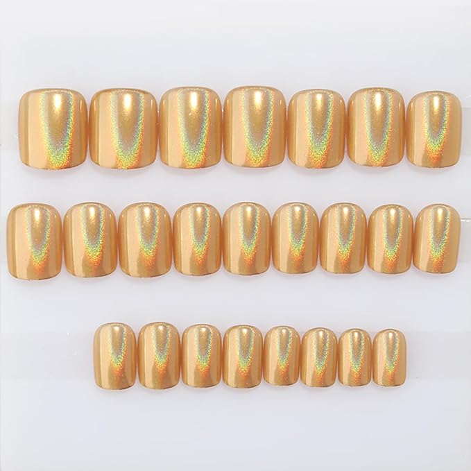 XZMeiLun 24Pcs Gold Holographic Acrylic Press on Nails Short Square - Reusable Fake Nails with Nail Glue Kit, Long Lasting Chameleon Static Nails for Women Daily Wear & Parties (Glossy Laser Design)