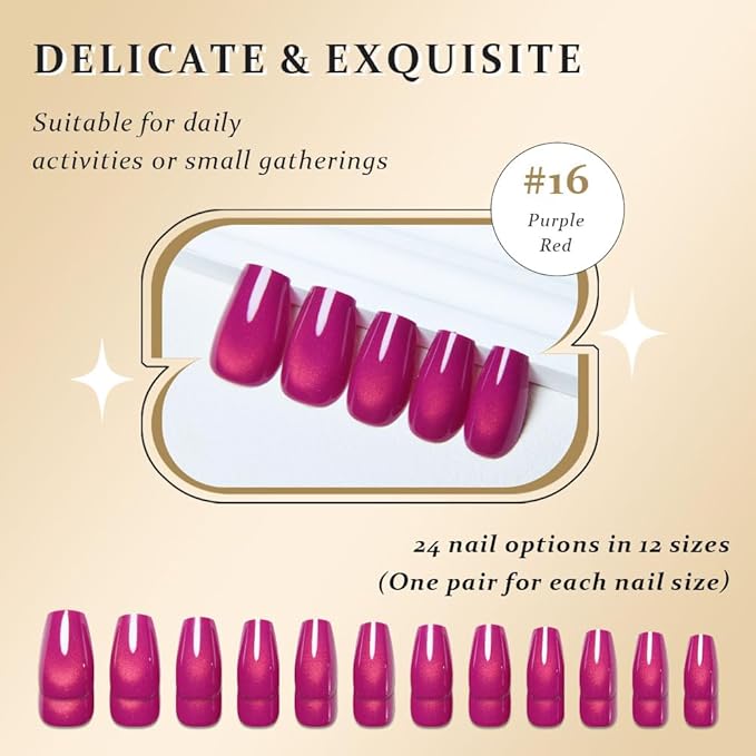 evpct Purple Red Cat Eye Coffin Press on Nails Square Medium, Medium Square Stick on Nail for Women, Purple Red Metallic Glitter Glossy Reusable Summer Soft Gel Press on Acrylic Fake Nail with Designs