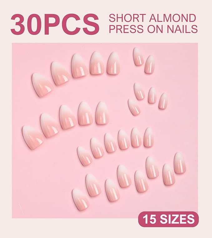 Morily 30Pcs Press on Nails Short Almond, Ombre Pink Fake Nails Acrylic False Nail Tips Reusable Full Cover Stick on Nails for Women - 15 Sizes