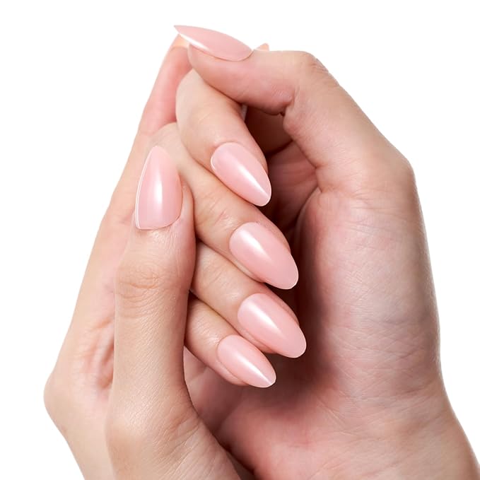 GLAMERMAID Light Pink Nude Press On Nails Short Almond, Translucence Coral Glossy Handmade Soft Jelly Gel Fake Nails, Pure Round Oval Stick Glue on Nails Kit for Women, Reusable Acrylic False Nail Set