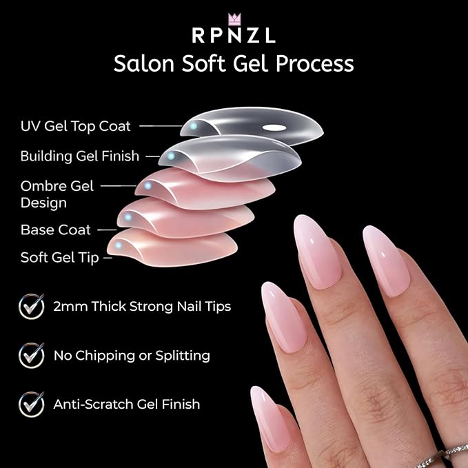 RPNZL Press On Nails - Peony | Ombre French Tip, Long UV Finish Almond Nails, Salon Quality | 32 Nails, 16 Sizes Kit with Glue and Adhesive Tabs I Female Founded