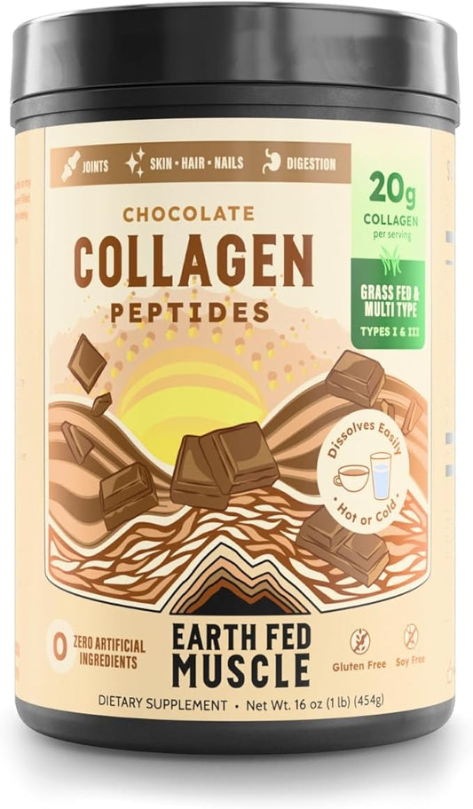 Earth Fed Muscle Chocolate Collagen Peptides Powder – Grass Fed Hydrolyzed Collagen for Women & Men - Healthy Bones, Skin & Hair - Types 1 & 3 Collagen Powder, 20g Per Serving, 19 Servings