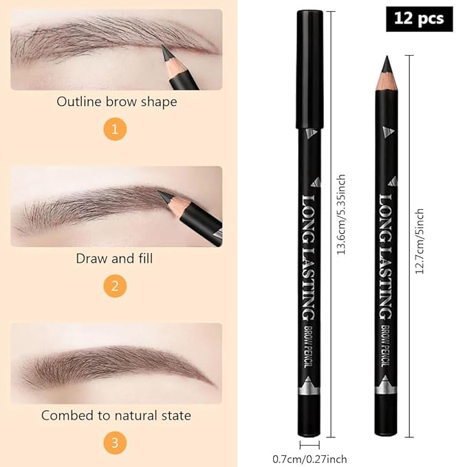 Eyebrow Pencils for Women, 12Pcs Hard-Core Wooden Eye Brow Eye Liner Pen for Beginner Makeup, Waterproof & Sweat-Proof (12Pcs-Black-Eyebrow Pencils)