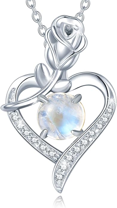 AGVANA Christmas Gifts Rosy Reverie Birthstone Necklace for Women Sterling Silver Genuine or Created Gemstone Rose Flower Heart Pendant Necklace Anniversary Birthday Gifts for Women Mom Wife Her
