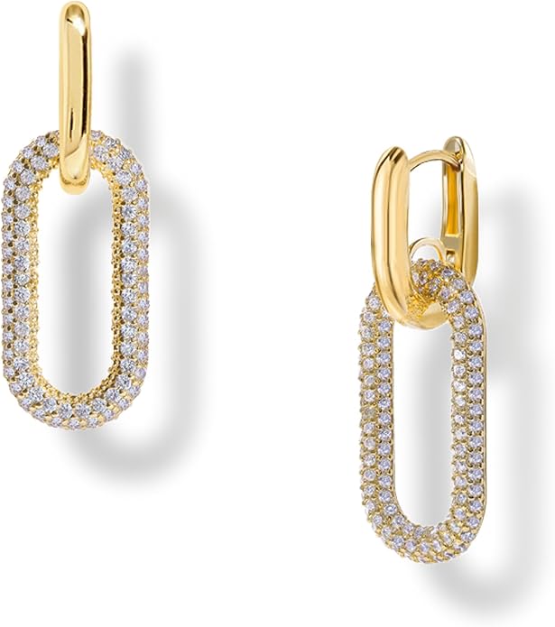 OZEL 14K Gold & Silver Plated Paperclip Chain Earrings with Cubic Zirconia – Dangle, Hoop, Huggie, Stud Styles – Women’s Fashion Jewelry Gift