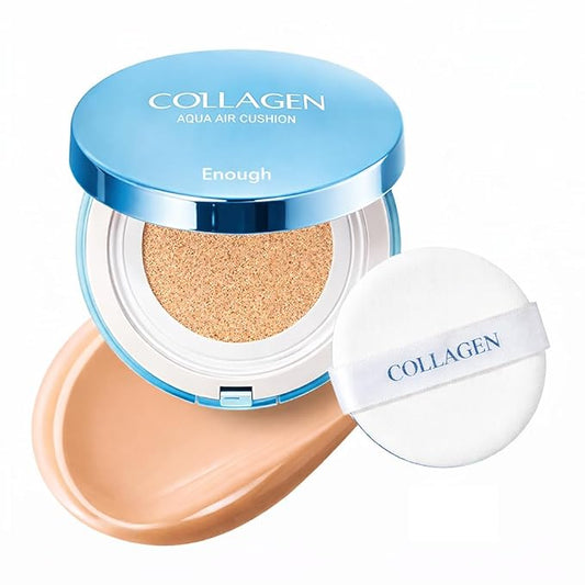 ENOUGH Collagen Aqua Air Cushion SPF 50, Full Coverage Hydrating Foundation Makeup, Tinted Moisturizer Sunscreen, Korean Skin Care Cosmetics for Women, Dewy Finish & Collagen Boost (#21 Natural glow)