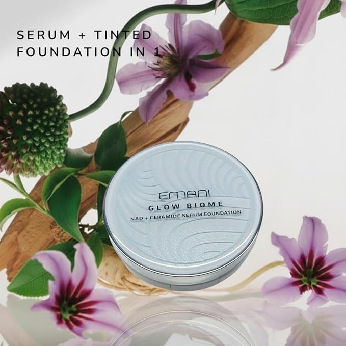 Emani Glow Biome NAD+ Serum Foundation for Sensitive Skin, Lightweight Skin-Like Coverage, With Vitamin C, Peptides, Ceramides, Avocado Oil, Refillable Compact, 0.63 fl oz, Medium Glow
