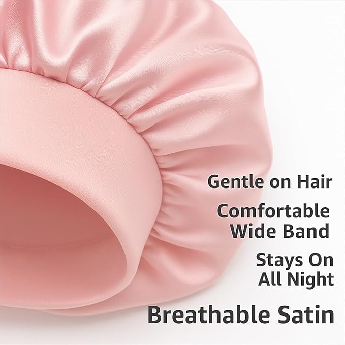 Satin Sleep Bonnet for Women - Pink Silk Hair Wrap for Sleeping, Adjustable Soft Night Cap for Curly Hair, Natural Hair Protection, Frizz-Free, Single Layer Lightweight