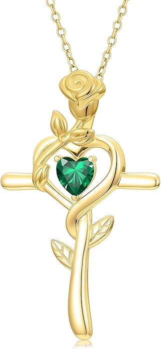 Midari 18K Yellow Gold Cross Pendant Rose Birthstone Necklaces for Women Christian Cross Jewelry with 12 Months Birthstone Birthday Gifts for Wife Her Daughter Mom