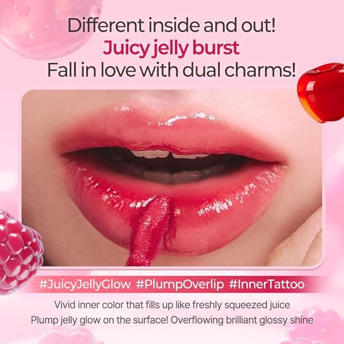 Berrisom Jelly Tattoo Tint, Long Lasting Korean Lip Stain with Jelly Texture, Transfer-Resistant Color, 3.8g / 0.13oz, 4 Shades (Strawberry)