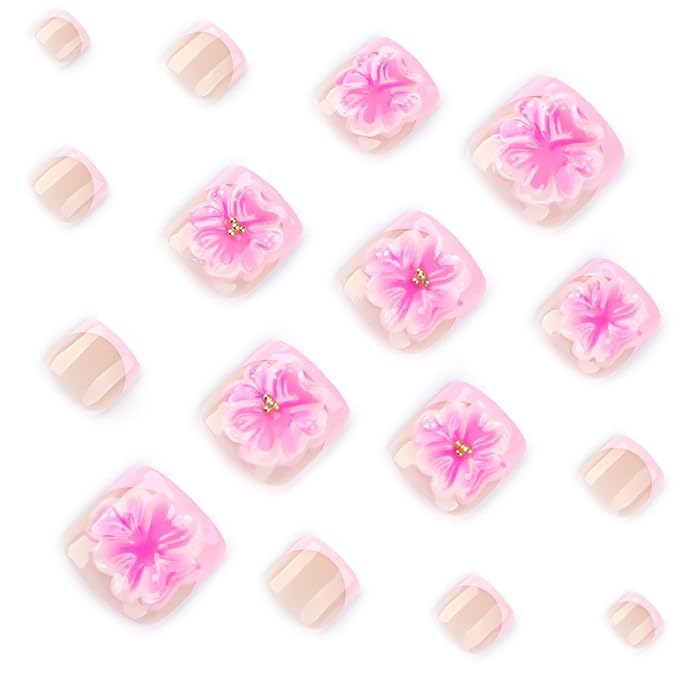 24Pcs Pink French Tip Press on Toenails Full Cover 3D Flowers Fake Toenails Short Square Summer French False Toenail Cute Toe Nails Press ons Glossy Toenails for Pedicure Decorations