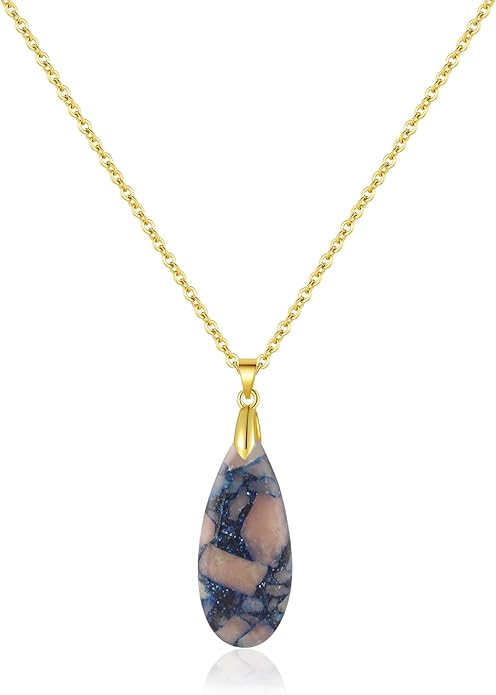 Sriomu Natural Healing Stone Chain Necklaces for Women Teardrop Gemstone Pendant Statement Gold Necklace
