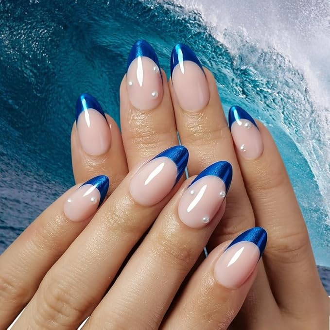 RPNZL Press On Nails - Ocean | Blue Chrome French Tip with Pearl Design, UV Finish Almond Nails, Salon Quality | 32 Nails, 16 Sizes Kit with Glue and Adhesive Tabs I Female Founded
