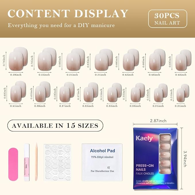 evpct Ombre Nude to Brown Press on Nails Extra Short, Petite Short Square Glossy Stick on Nails for Women Gift with Manicure Kit, Reusable Soft Gel Stick on Fake Nail with Ombre Designs Perfectly Fit