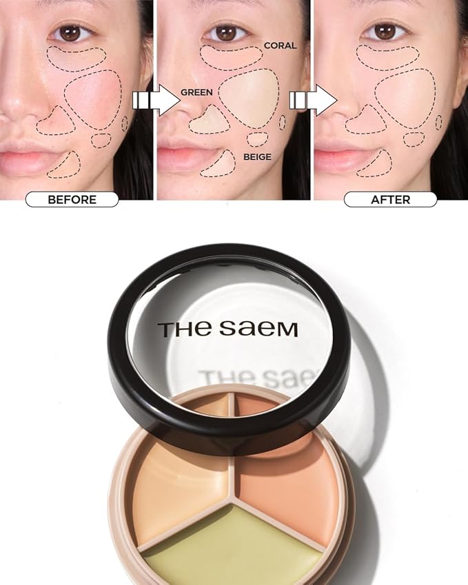 THESAEM Cover Perfection Triple Pot Concealer - 01 Correct Beige for Red Tone & Dark Circles - 3-Color Multi Concealer Palette for Skin Tones 21-23 - Korean Makeup with Sweet Almond Oil & Herbal Water