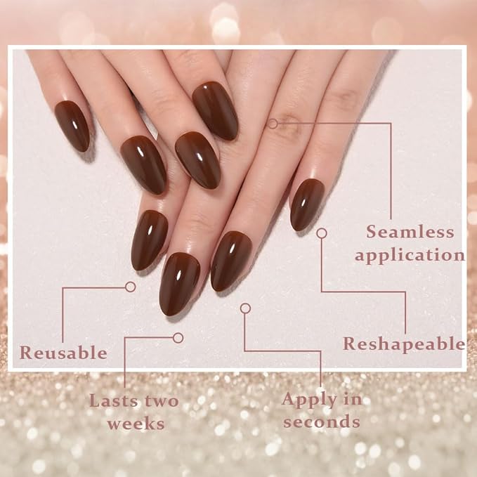 evpct Dark Brown Glossy Press on Nails Short Almond, Glossy Fake Nail Stick on Nail for Women Gift with Kit, Salon Quality Soft Gel Stick on Acrylic False Nails Reusable Full Cover for Women Manicure