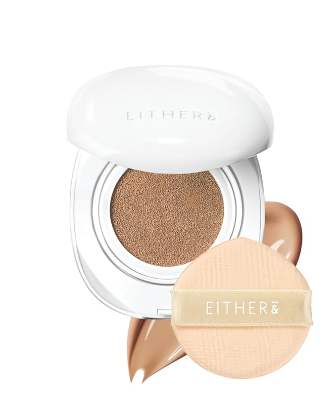 EITHER& Glow Pixel Cushion Foundation, Skincare Formula, Dewy Glass Skin, Lightweight & Long-Lasting 100H Wear, Buildable Hydrating Korean Cushion (25.5P Tan, 12g)