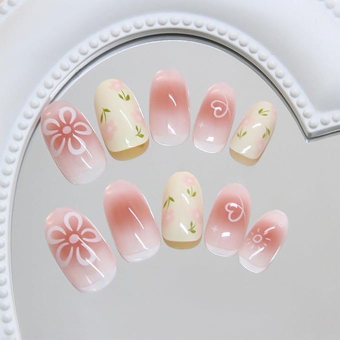 JONKASIPA Floral Press On Nails Square Pink Cute Patch Nails Reusable Adhesive Nails for Women 24 Pcs