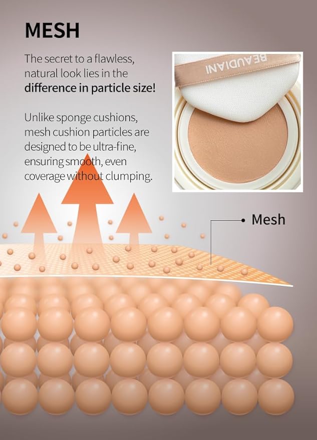 Beaudiani Mesh Glow Cushion Foundation Dewy Korean Cushion with Gemstone Complex & Skincare Benefits (12g) (#2 Modern Cover Daily (Shade #22-23))