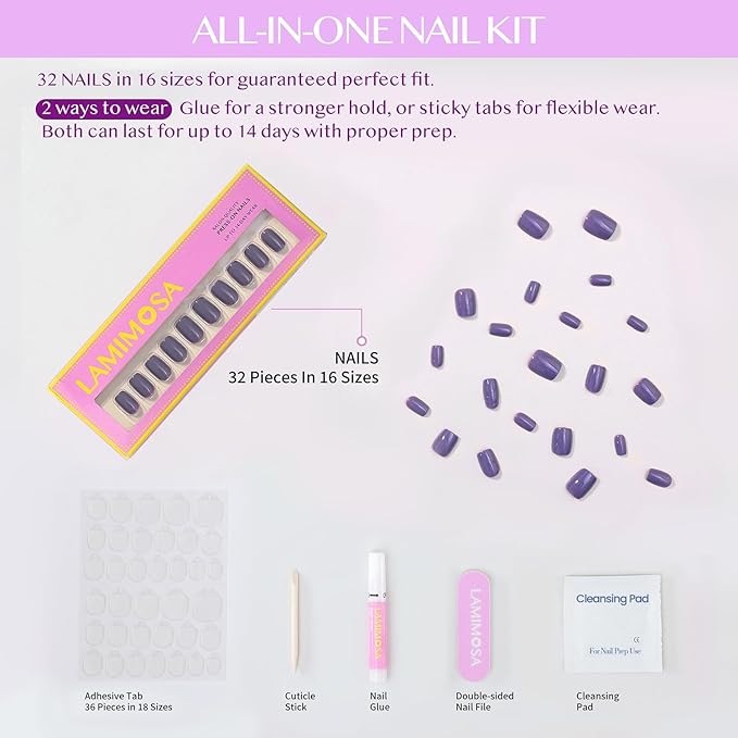 LAMIMOSA 32Pcs Press On Nails Short Square – Soft Gel Ash Gray Blue Fake Nails in 16 Sizes, Reusable Glue on Nail kit, ASH