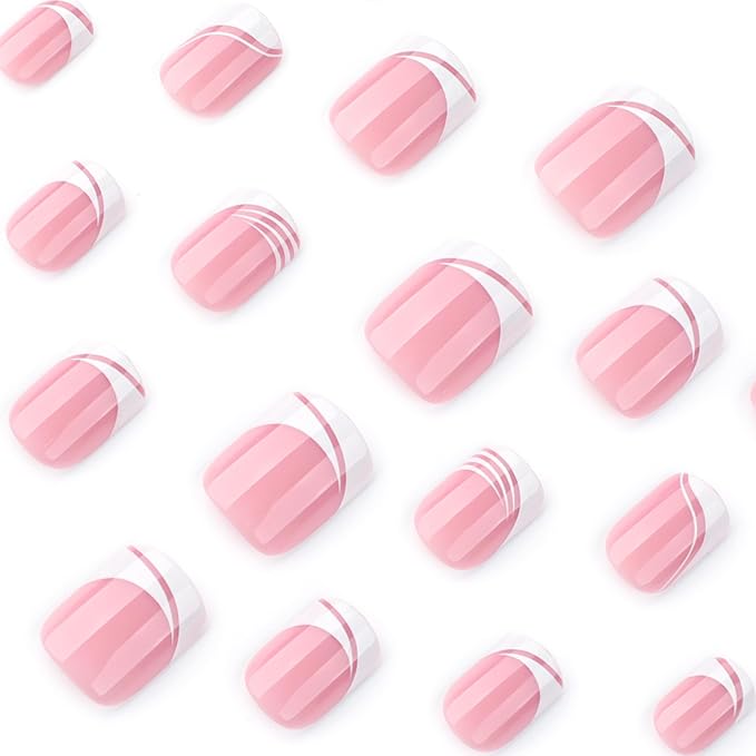 XZMeiLun French Tip Press On Nails Summer Acrylic for Women - Designer Fake Nails Short Square 24PCS, Glossy Soft Gel with Glue, Outdoor Picnic/Wedding/Party Reusable Stick On Nails Gift