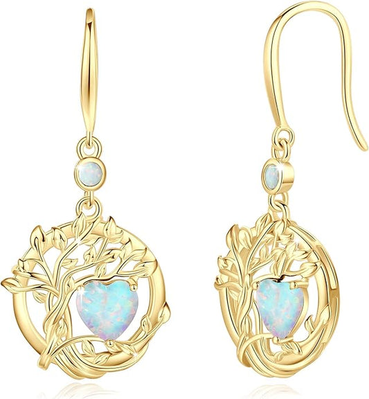 FANCIME Tree of Life Dangle Drop Earrings 925 Sterling Silver Dainty Round Gemstone Birthstone Earring Fine Jewelry Birthday Christmas Gifts for Her Women