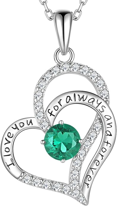 LynChoe Birthday Gifts Double Heart Birthstone Necklace for Women, S925 Sterling Silver Pendant Necklace Jewelry for Her Mother Mom Wife Girlfriend