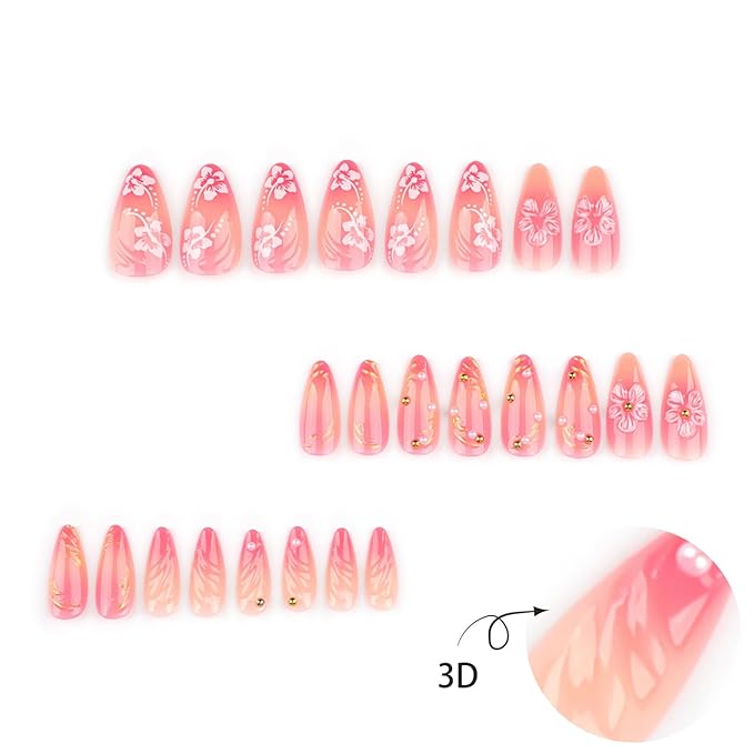 24Pcs French Tip Press on Nails Hand Painted Almond Fake Nails Nude Pink False with 3D Pearl Charms Designs Acrylic Artificial Nails Full Cover Summer Flower Nail Art Stick on Nails for Women